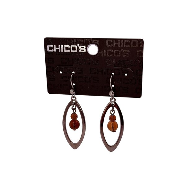Vintage 1990s Chico’s Silver Oval Amber Bead Dangle Earrings Modern Minimalist - Picture 1 of 5